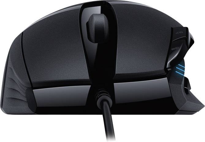 Mouse per computer con design ergonomico, dotata di più pulsanti e connessione cablata, vista dall'alto.