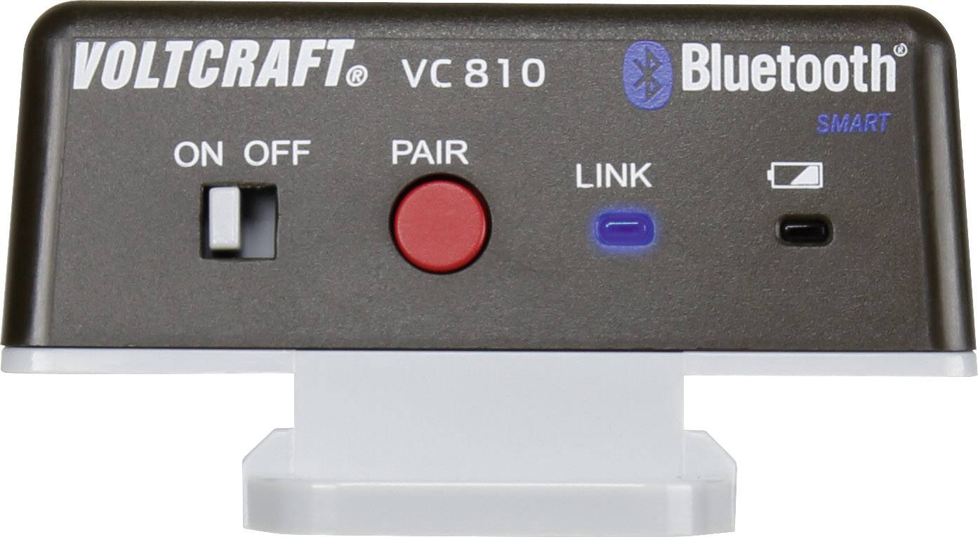 Un adattatore Bluetooth di Voltcraft con un pulsante rosso 'Pair', un interruttore On/Off e una spia luminosa blu 'Link'.