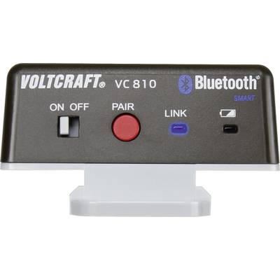 Un adattatore Bluetooth di Voltcraft con un pulsante rosso 'Pair', un interruttore On/Off e una spia luminosa blu 'Link'.