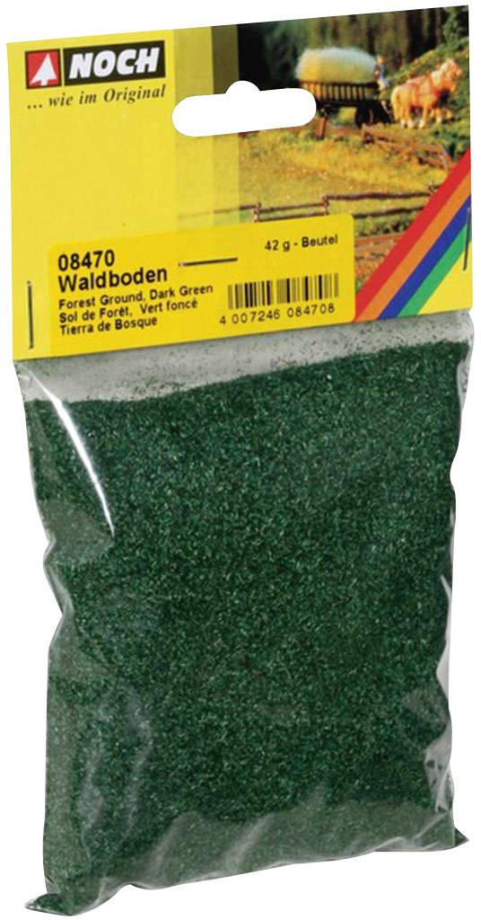 Una confezione di terriccio forestale verde scuro, marca 'Noch', 42 g. In alto nell'immagine è raffigurata una scena boschiva.