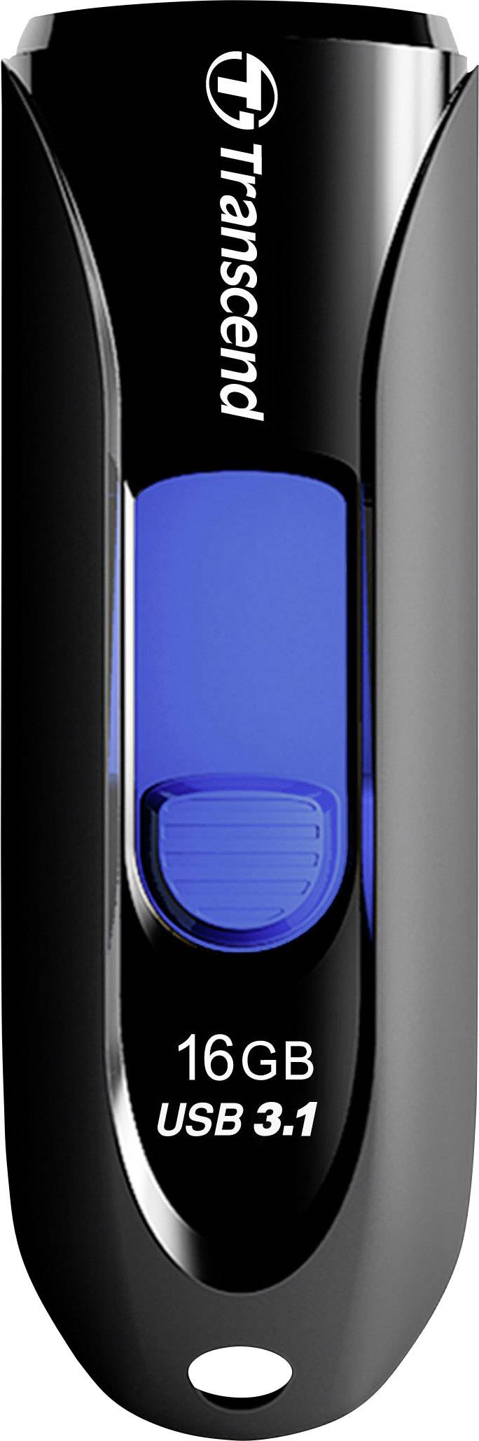 Chiavetta USB 'Transcend', 16 GB, USB 3.1, custodia nera con copertura scorrevole blu.