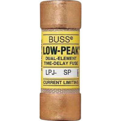 Fusibile con elementi in rame, etichettato 'Buss Low-Peak Dual-Element Time-Delay Fuse LPJ-SP', per la limitazione della corrente.