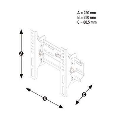 Istruzioni di montaggio per supporto: A = 220 mm distanza, B = 250 mm altezza, C = 68,5 mm profondità. Le frecce indicano le misure.