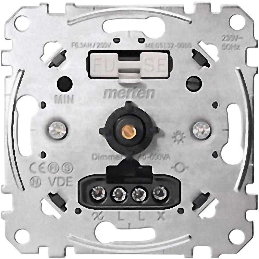 Modulo dimmer per luci con morsetti a vite e indicazioni per tensione (230V~ 50Hz), regolazione minima e fusibile, colore argento.