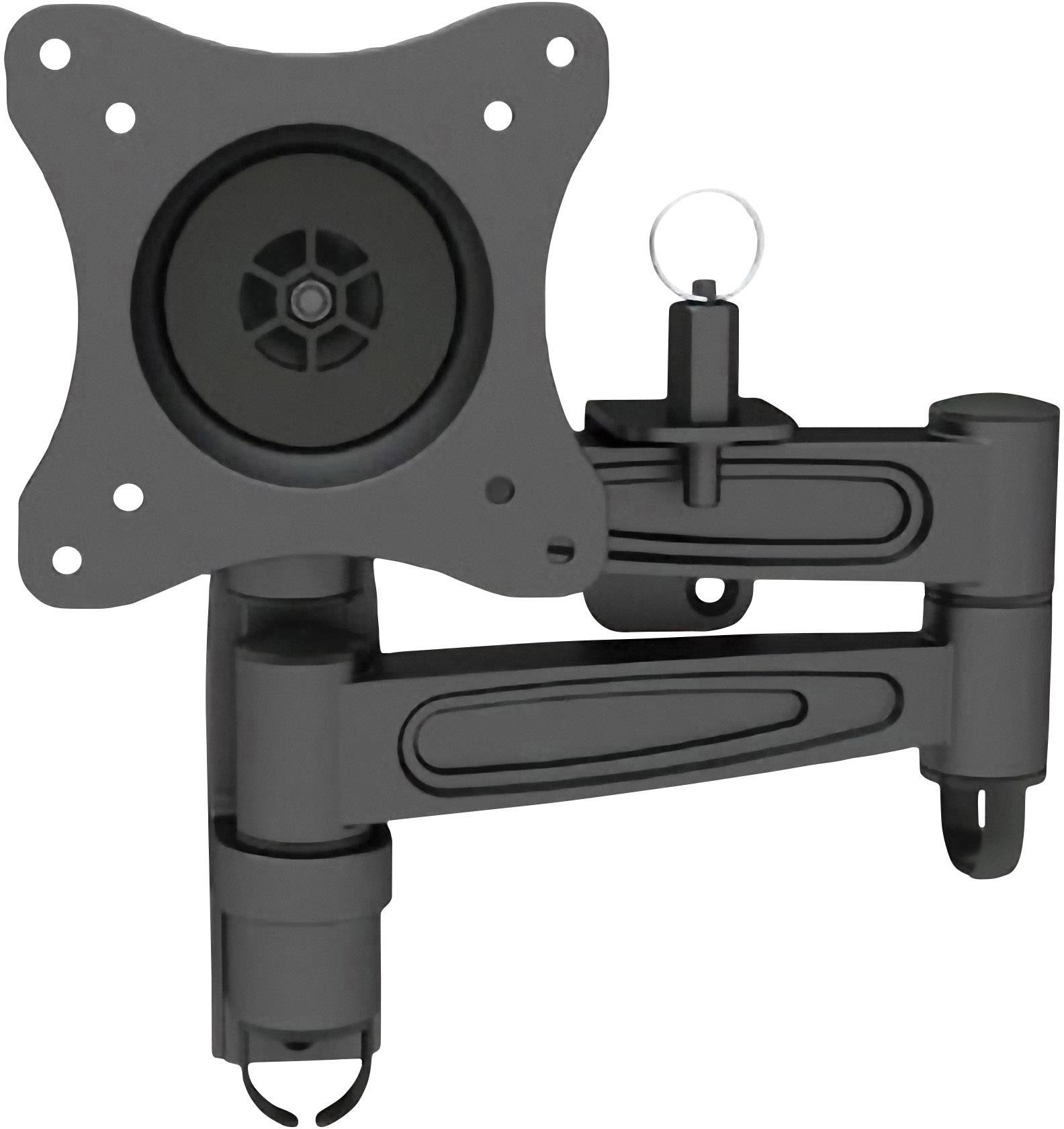 Braccio monitor ergonomico in metallo, nero, con supporto flessibile e regolazioni per diverse dimensioni di display.