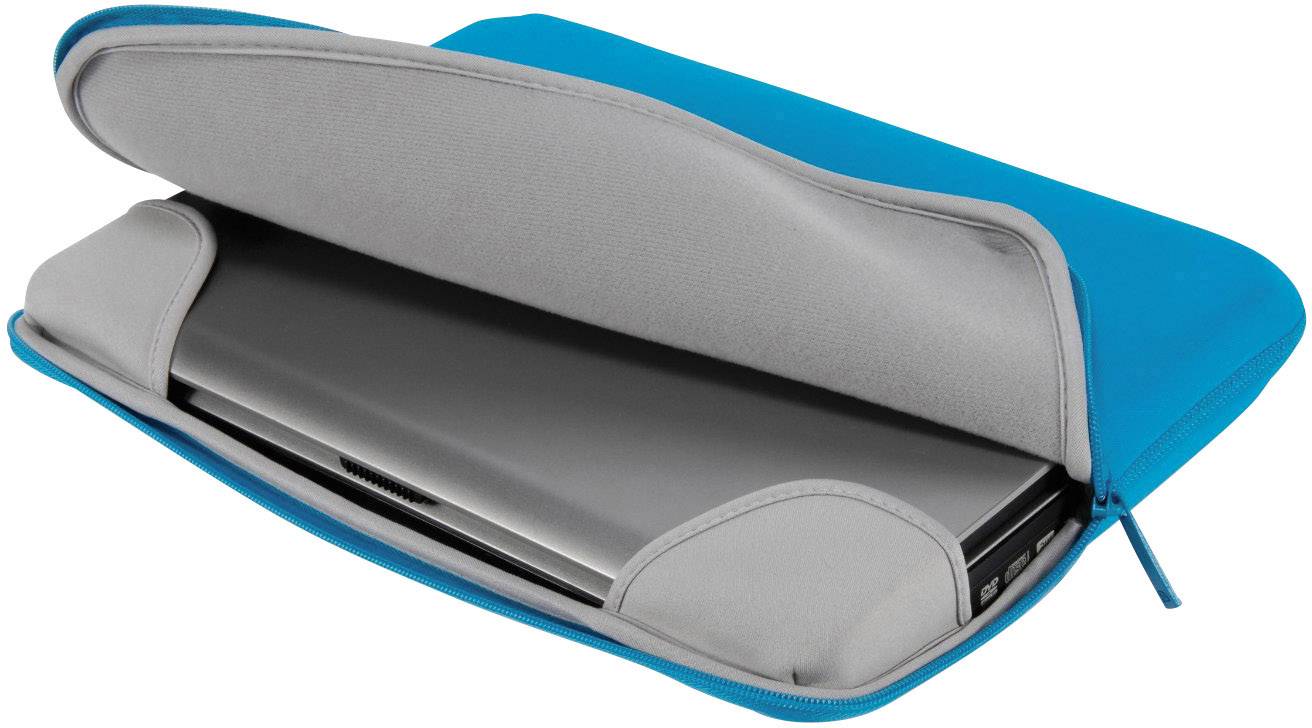 Un laptop in un custodia blu aperta con un rivestimento interno grigio.