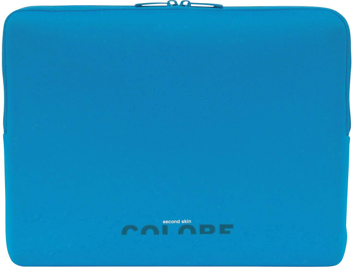 Borsa per laptop blu con zip superiore, adatta per dispositivi da 15 pollici. Sul davanti è riportato 'second skin COLORE'.