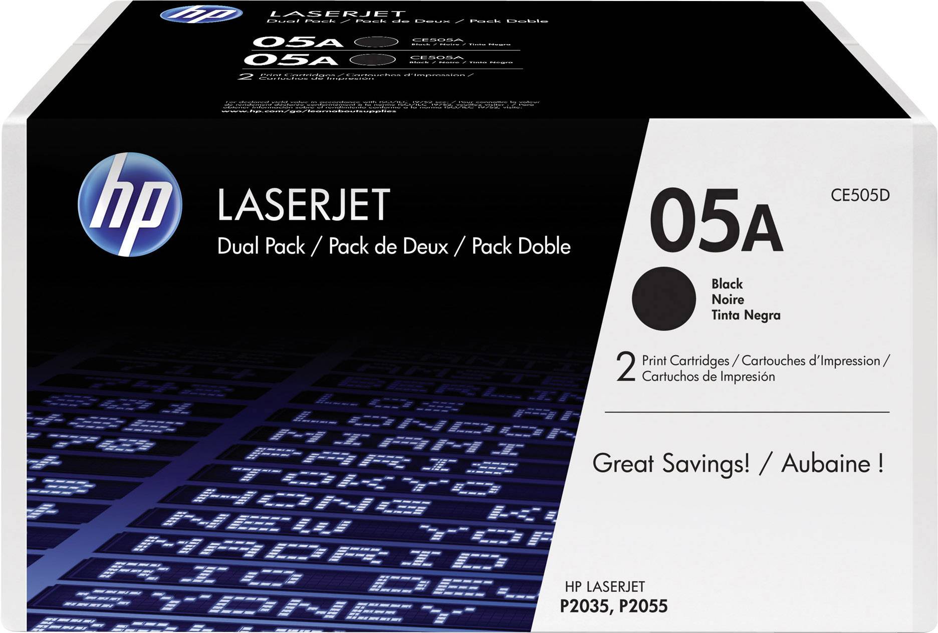 Confezione con due cartucce toner nero HP LaserJet 05A. Stampa: 'Grandi Risparmi!'. Compatibile con i modelli P2035, P2055.