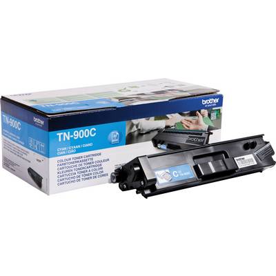 Cartuccia e scatola di un toner Brother TN-900C color ciano. La scatola riporta il marchio e le specifiche.