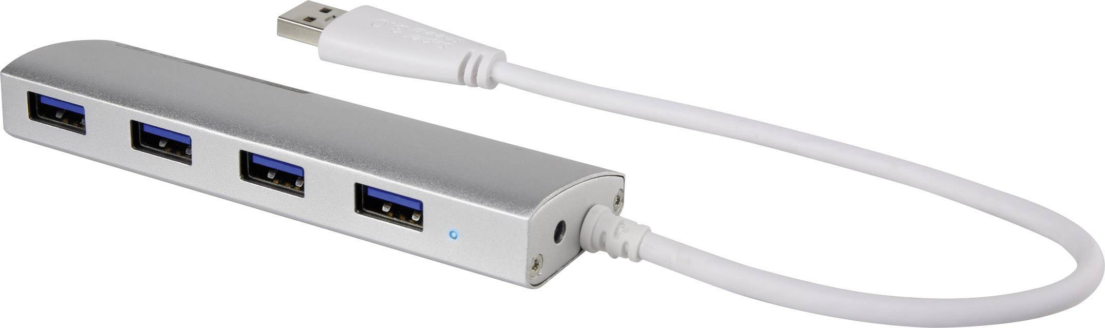Hub USB argentato con quattro porte USB e un cavo bianco che termina con una spina USB.