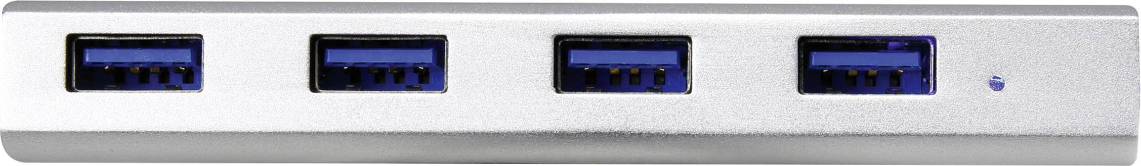 'Un hub USB a quattro porte con involucro argentato e connettori USB 3.0 blu, che fornisce connessioni aggiuntive.'