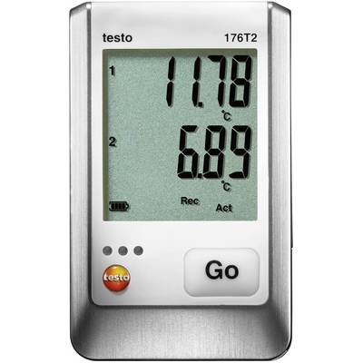 Un termometro digitale e datalogger con display che mostra 11,78°C e 6,89°C. Icona dello stato della batteria e un pulsante con 'Go'.
