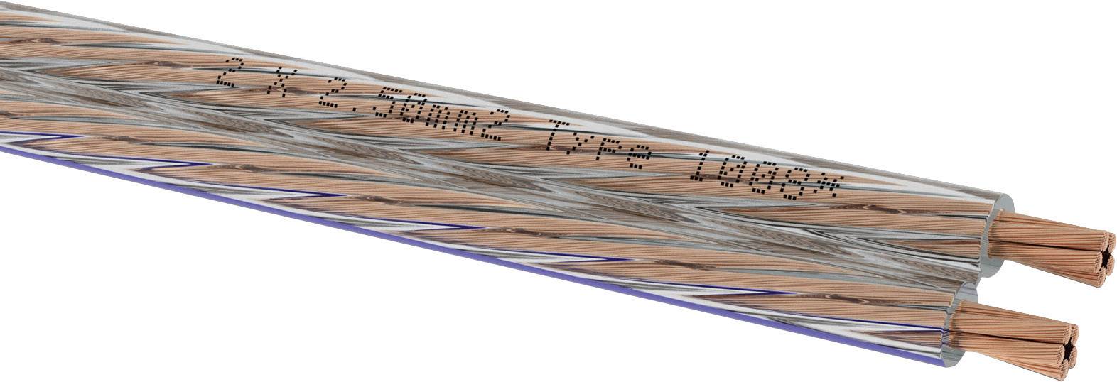 Due cavi audio color rame con isolamento trasparente, stampati con '2 x 2.5mm2 Pure Copper'. Ideali per sistemi Hi-Fi.
