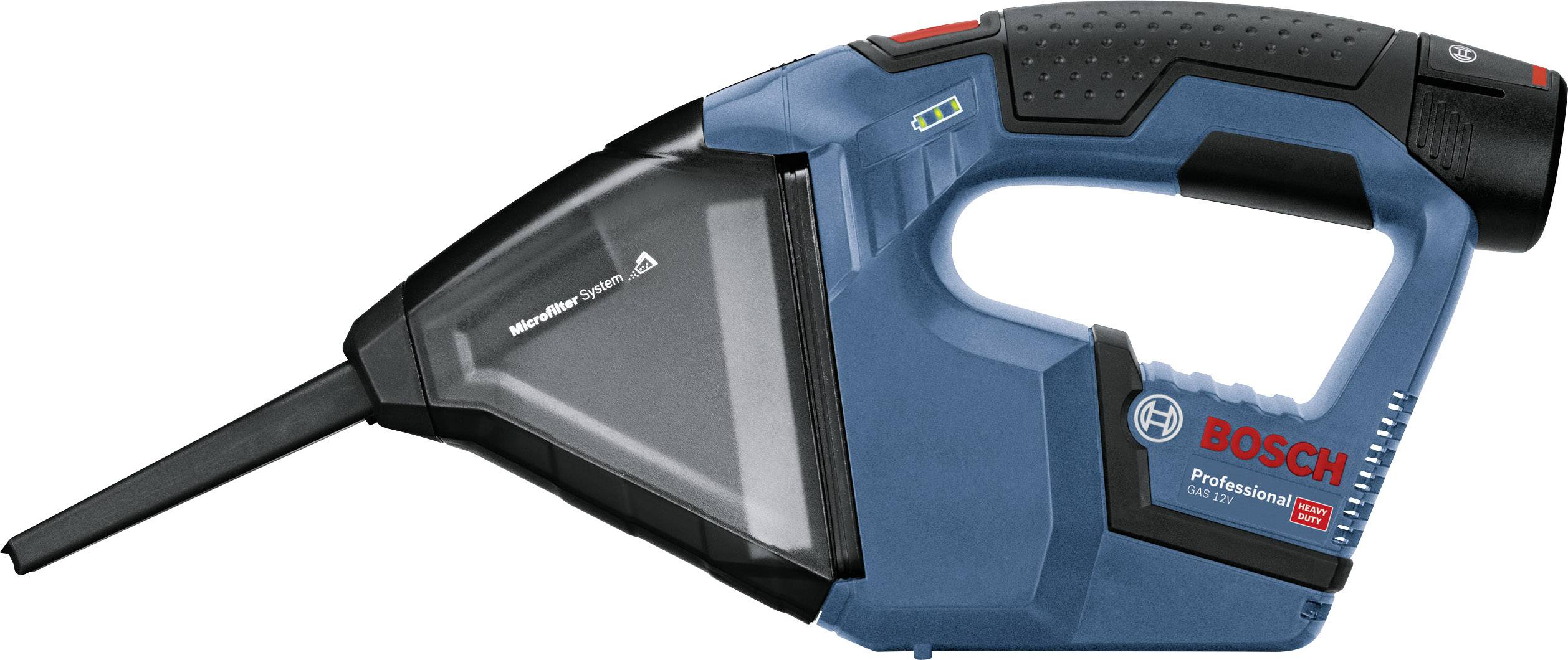 Un aspirapolvere a mano blu Bosch con ugello stretto, adatto a pulizie professionali in officine e abitazioni.