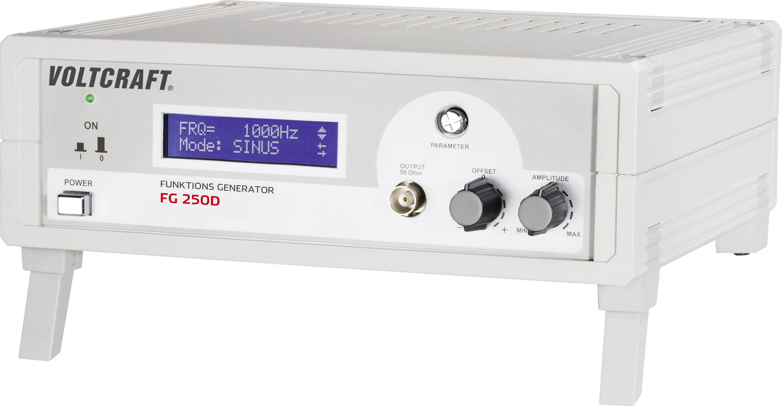 Generatore di funzioni con display che mostra 'Frequenza: 1000Hz, Modalità: SINUS'. Nome del marchio in alto a sinistra, due manopole di regolazione.
