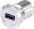 Spina USB metallica, dalla forma cilindrica, con area interna blu per il trasferimento dati e l'alimentazione.