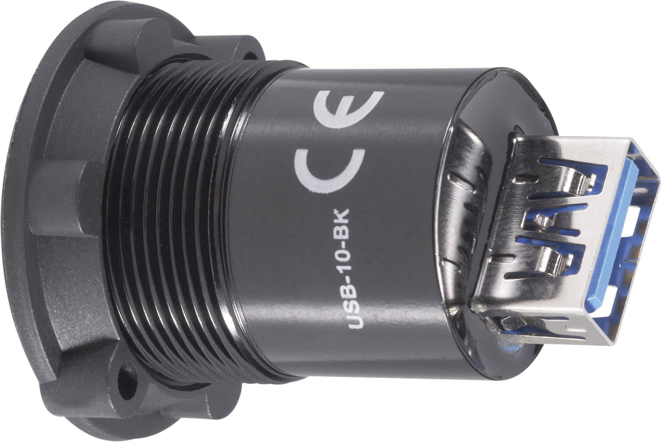 Un connettore USB nero con marchio CE, tipo USB-10-BK, sdraiato di lato e visibile da un angolo.