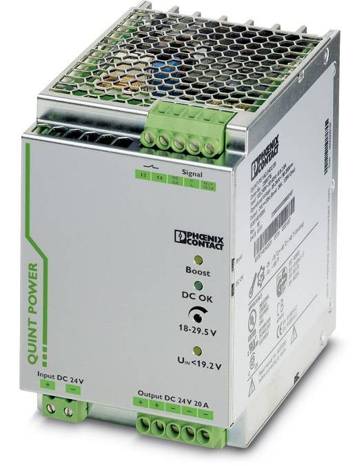 Un alimentatore di Phoenix Contact, modello Quint Power, con morsetti di connessione verdi, offre un'uscita in corrente continua da 24V fino a 20A.