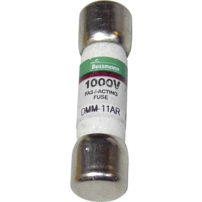 Un fusibile con l'iscrizione 'Bussmann 1000V Fast-Acting Fuse DMM-11AR'. Adatto per la protezione ad alta tensione.