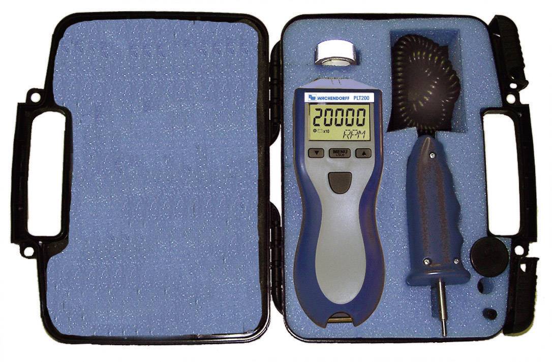 Set di misurazione digitale in un astuccio aperto. Contiene un tachimetro manuale con display '20.000 RPM', accessori inclusi.