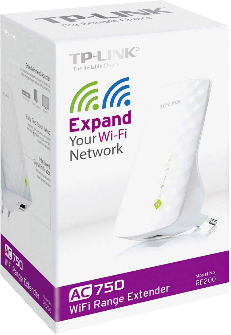 Una confezione per il ripetitore Wi-Fi TP-Link AC750, modello RE200, mostra la funzione 'Estendi la tua rete Wi-Fi'.