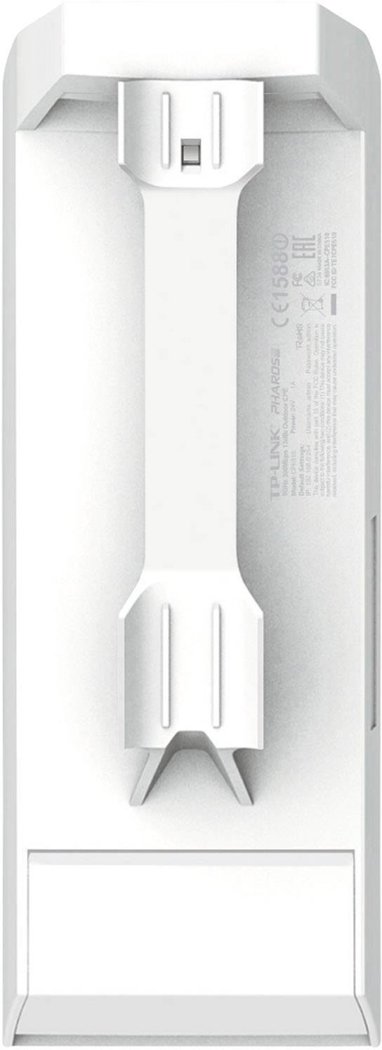 Vista posteriore di un ripetitore Wi-Fi bianco TP-Link con fessure di montaggio. Testo: 'CE 1588' e indicazioni del modello al centro.