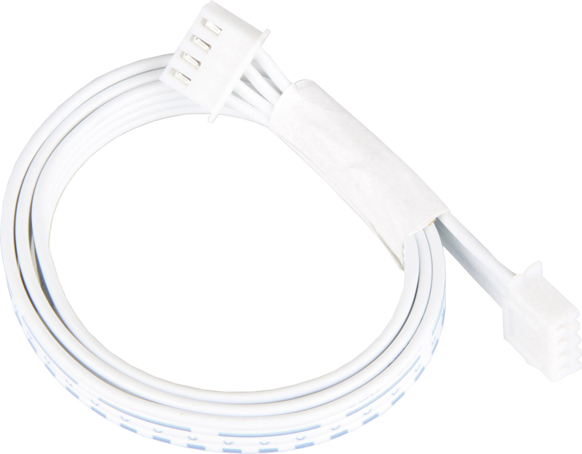 Un cavo bianco con spinotto rettangolare su entrambe le estremità, arrotolato e fissato con un nastro bianco.
