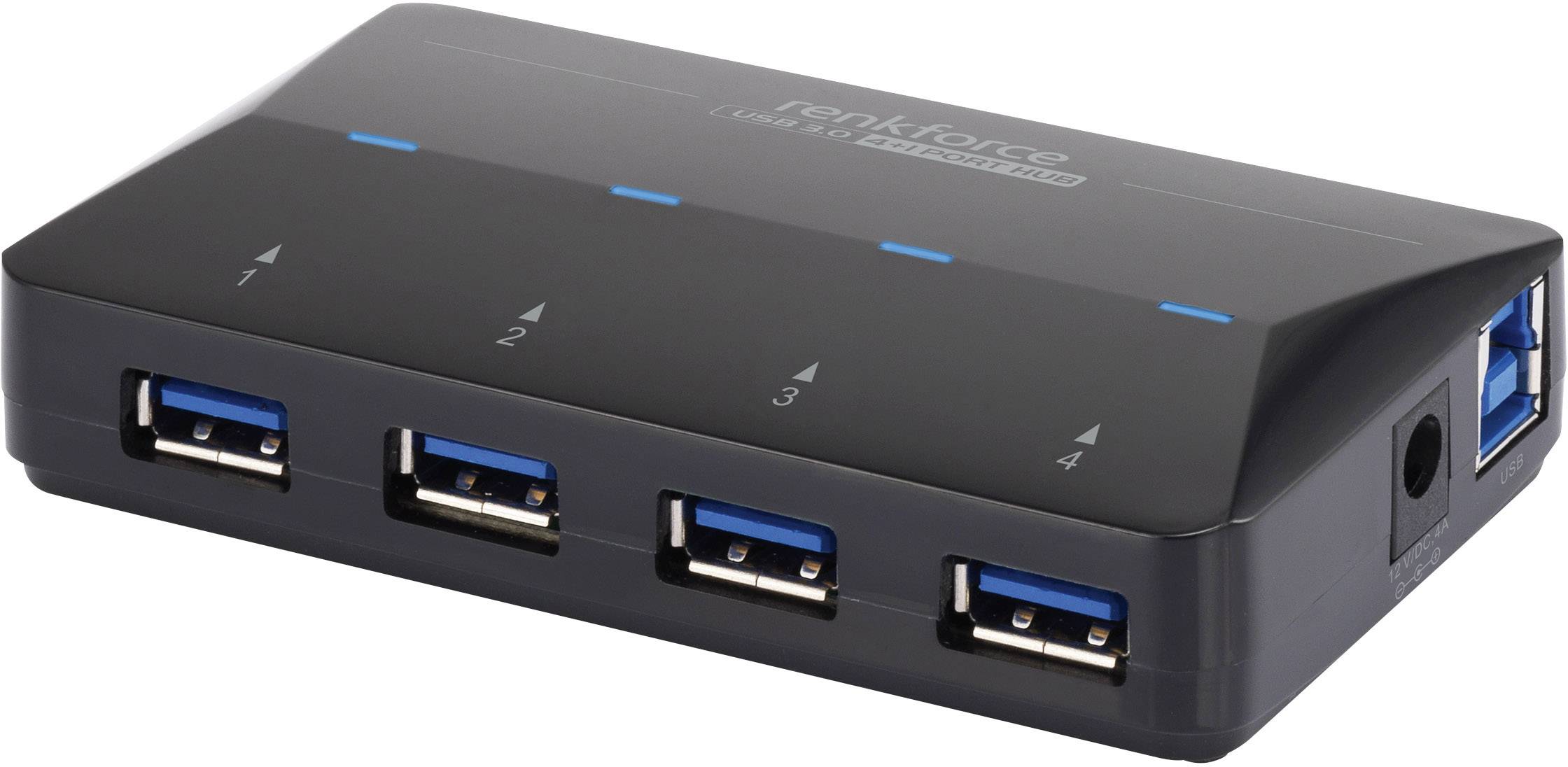 Un hub USB nero con quattro porte USB sul lato frontale, numerate da 1 a 4. Sul retro è presente un ingresso per l'alimentazione.