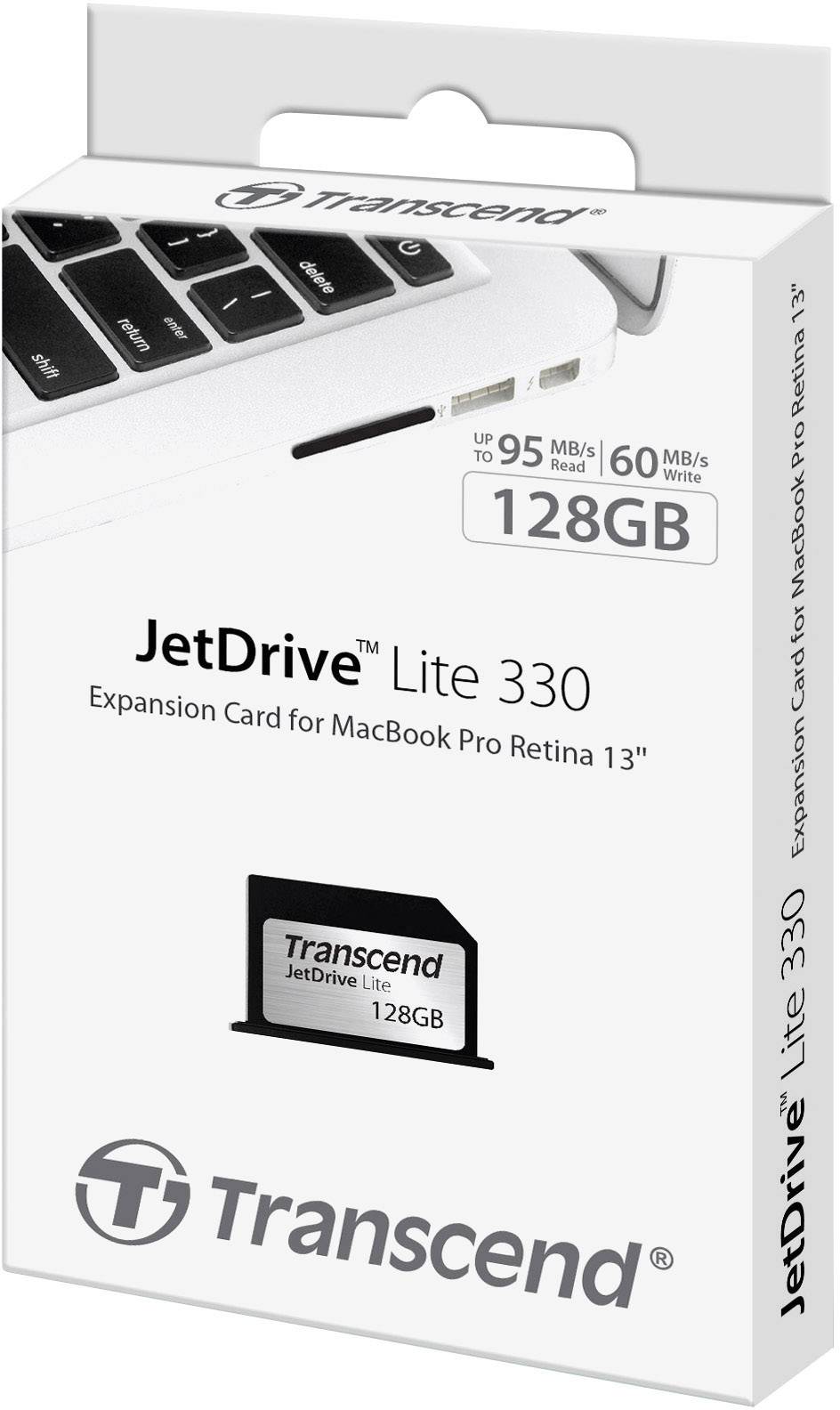Transcend JetDrive Lite 330 confezione con illustrazione di una scheda di memoria. Pubblicizzata per MacBook Pro Retina 13" con capacità di 128 GB.