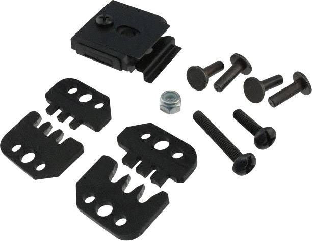 Set di viti composto da quattro piastre metalliche nere, bulloni, dadi e viti, utilizzato per fissare componenti.
