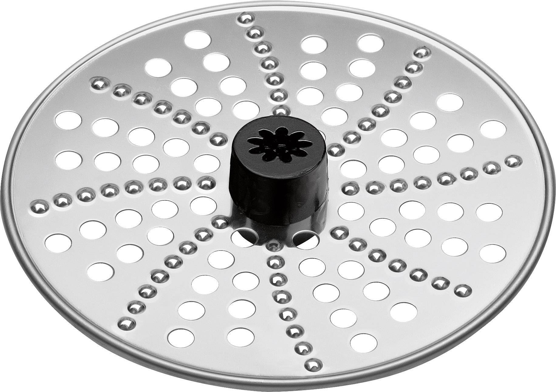 Disco metallica con motivo a fori e centro rialzato, probabilmente un utensile da cucina o parte di un dispositivo.
