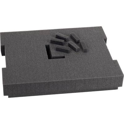 Inserto in schiuma grigia con aree ritagliate di dimensioni variabili. Forma un simbolo riconoscibile.