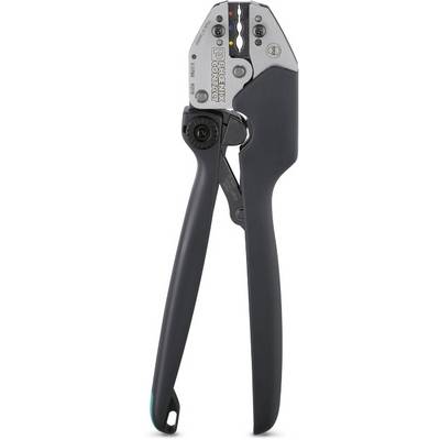 Pinza crimpatrice con impugnatura nera, idonea per collegare cavi mediante pressatura di connettori metallici.