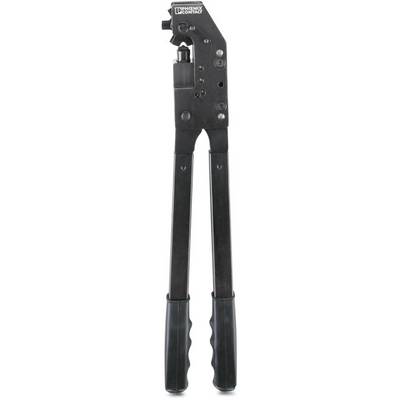 Pinza per rivetti a mano nera con impugnature allungate e testa in metallo, utilizzata per collegare materiali mediante ribadatura.