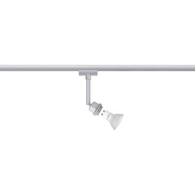 Faretto da soffitto con testa orientabile in metallo, montato su binario. Ideale per illuminazione mirata in ambienti interni.