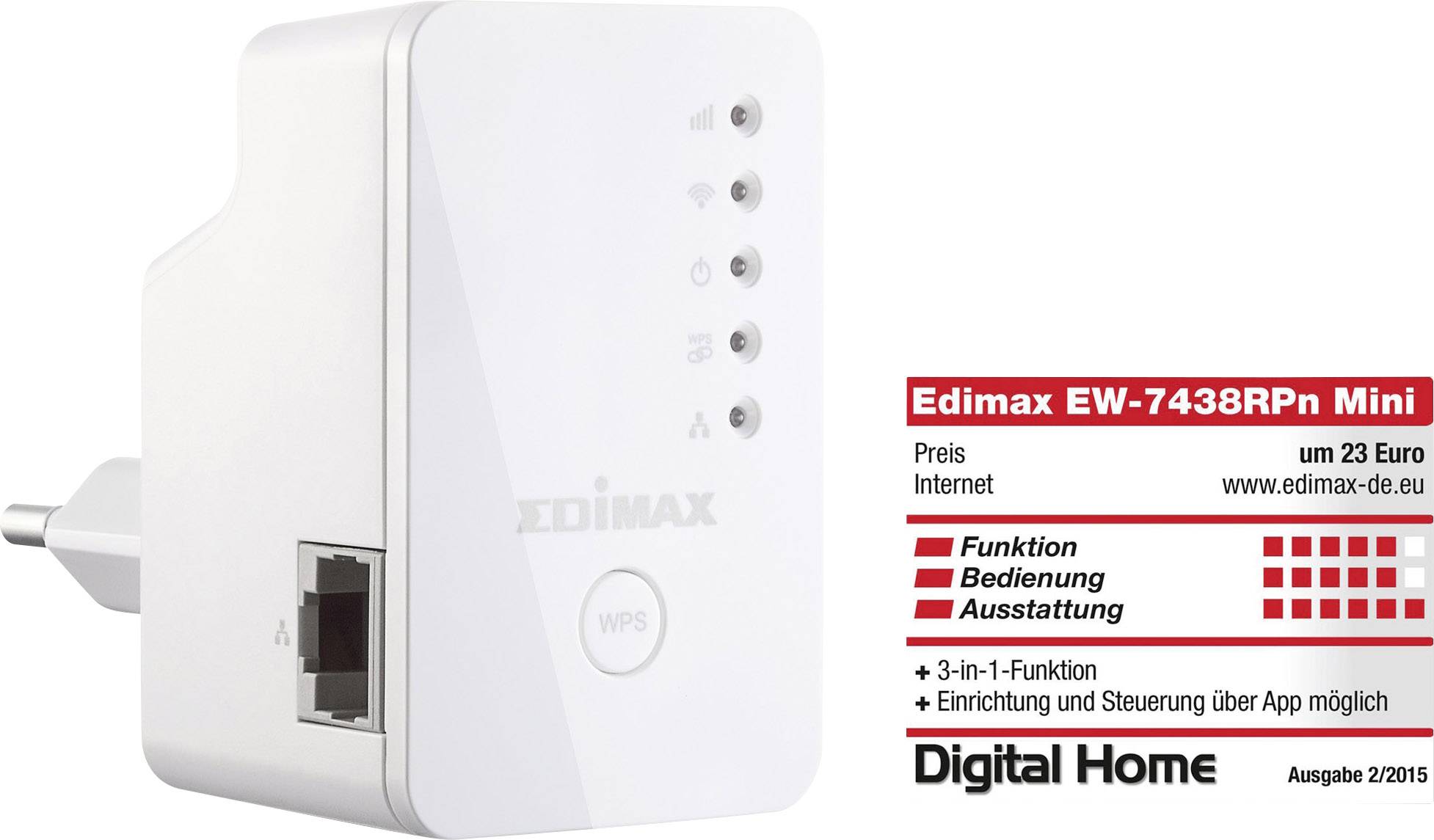 Un ripetitore Edimax EW-7438RPn Mini WLAN a spina. Indicatori di intensità del segnale e tasto WPS. Accanto a esso un sigillo di valutazione di 'Digital Home', edizione 2/2015.