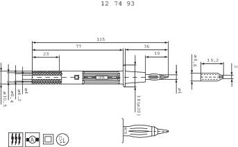 Disegno tecnico di un saldatore con quote e simboli relativi a tensione e sicurezza. Mostra le dimensioni di lunghezza e i raccordi.