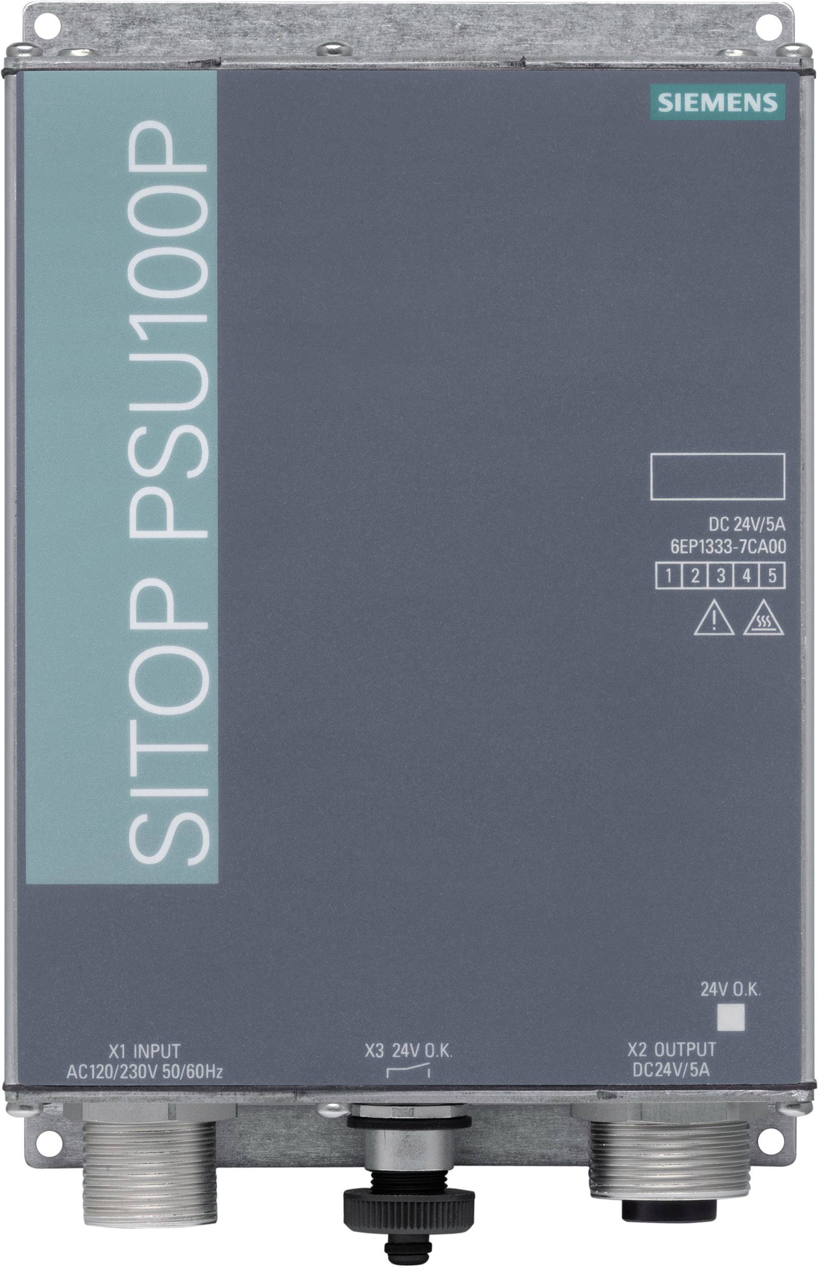 Unità di alimentazione Siemens SITOP PSU100P con ingressi X1 e X2, uscita DC 24V/5A. Design chiaro e funzionale.