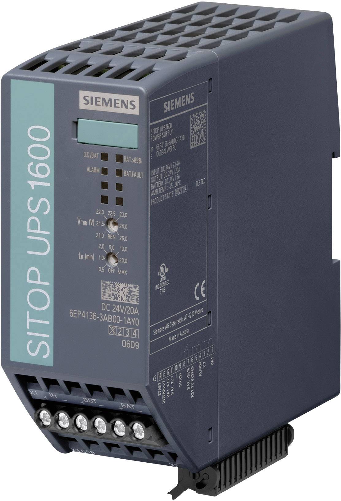 Un SITOP UPS1600 di Siemens, un modulo di alimentazione elettrica ininterrotta (UPS) in corrente continua, grigio scuro, con connettori e informazioni tecniche.