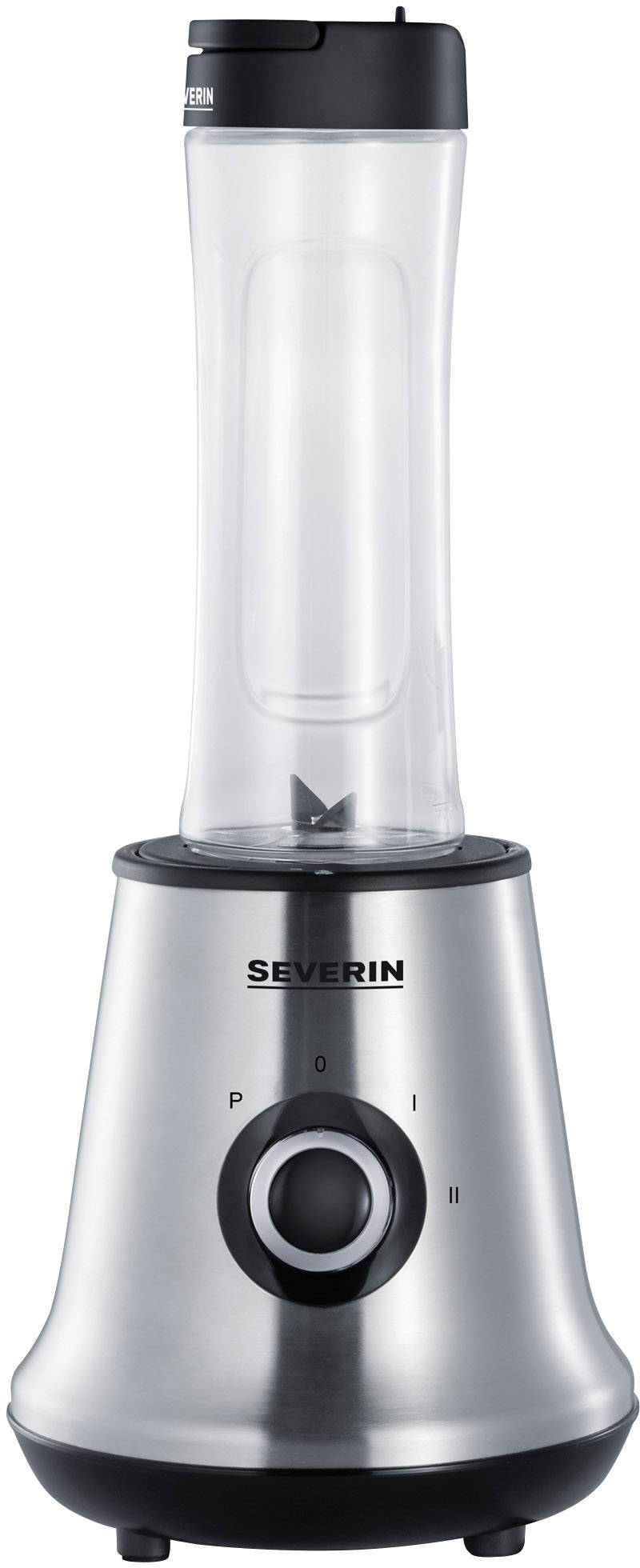 Un frullatore in acciaio inox con costruzione verticale snella e coperchio nero. Adatto per smoothie e bevande.