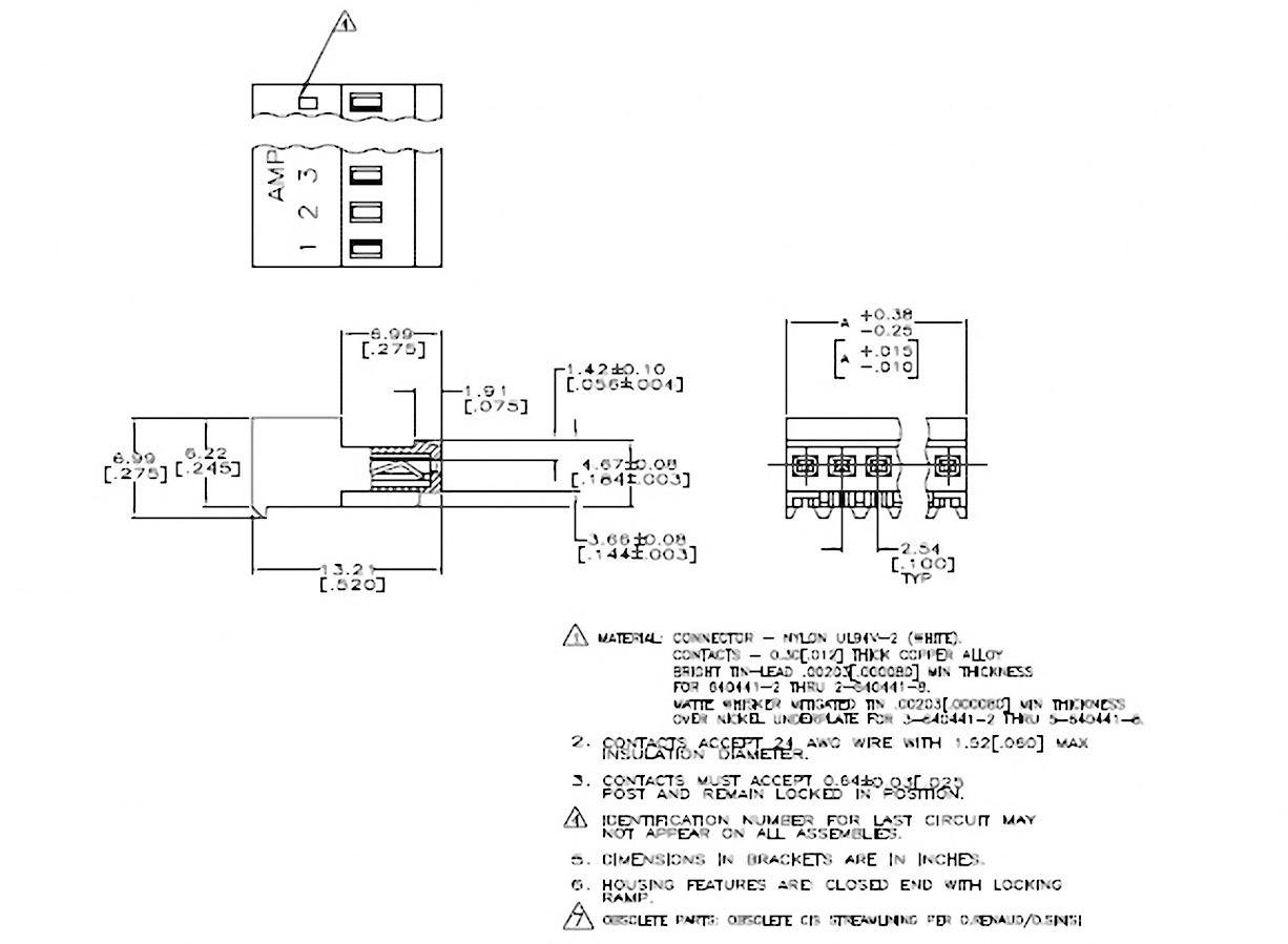 Disegno tecnico di un connettore elettrico con dimensioni e indicazioni sui materiali.