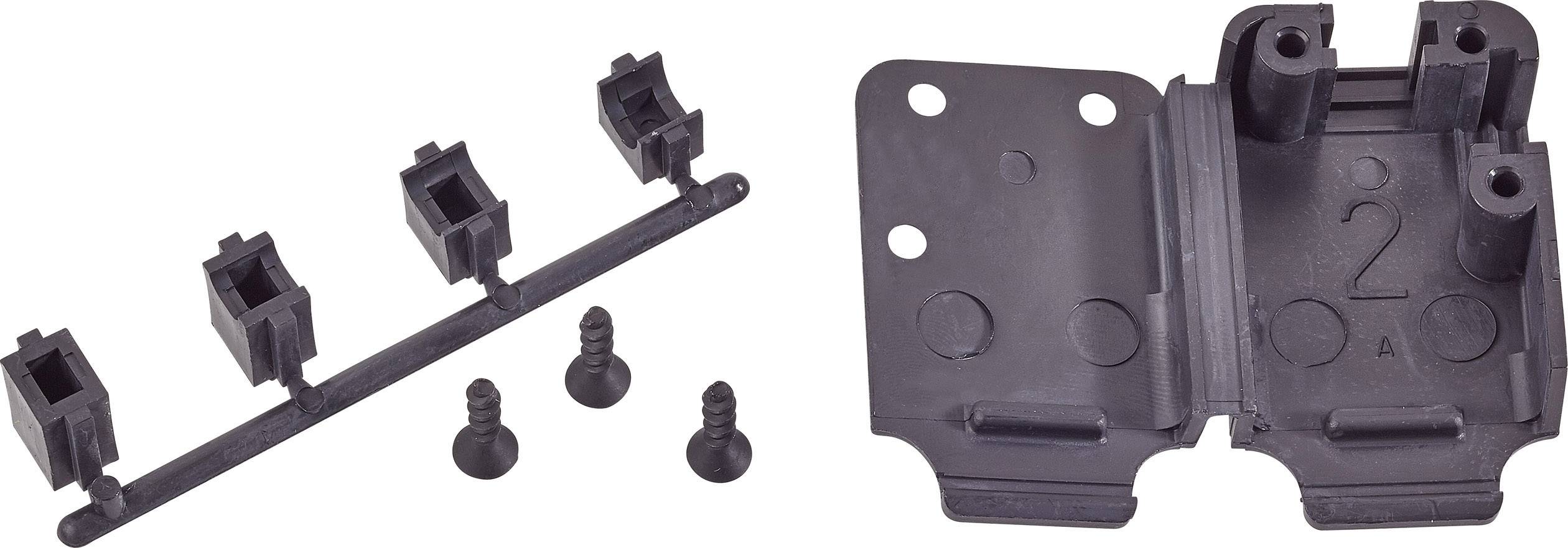 Componente in plastica di un set di connettori per mobili con supporti e viti, utilizzata per il montaggio e il fissaggio di parti dell'armadio.
