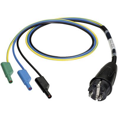 Un cavo con tre connettori contrassegnati da colori diversi - blu, verde e nero - e un connettore nero più grande all'estremità opposta.