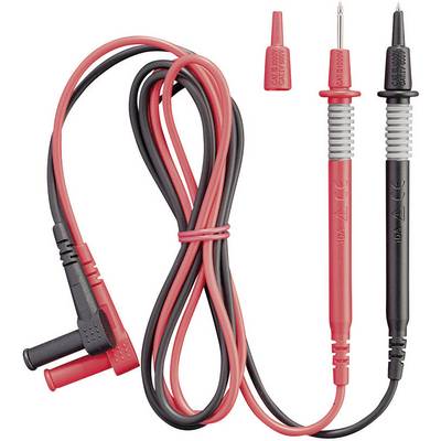 Un set di cavi di misurazione rossi e neri con punte di prova e un connettore, utilizzati per misurazioni elettriche.