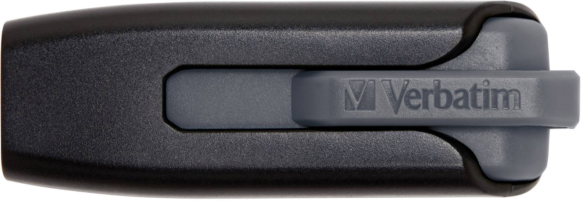 Una chiavetta USB Verbatim nera con meccanismo a scorrimento e scritta grigia.