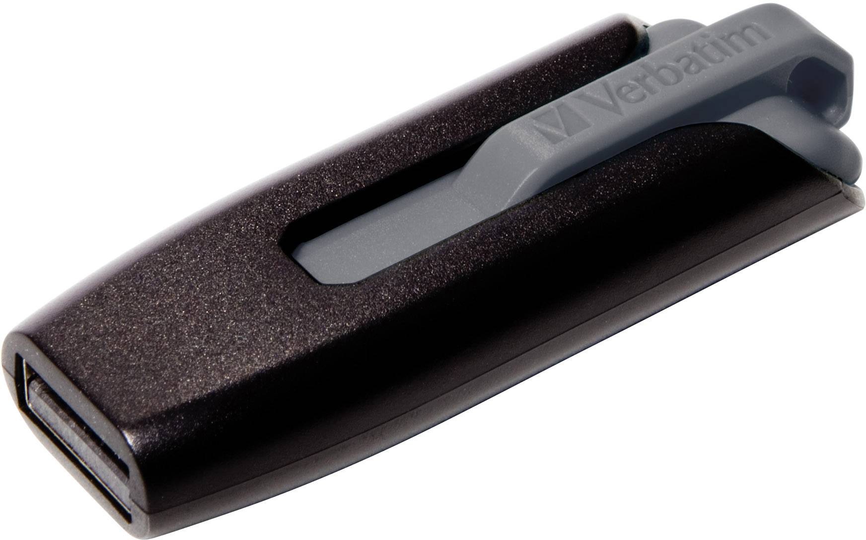 Una chiavetta USB nera con cursore grigio, contrassegnata con 'Verbatim'. Adatta per l'archiviazione e il trasporto di dati.