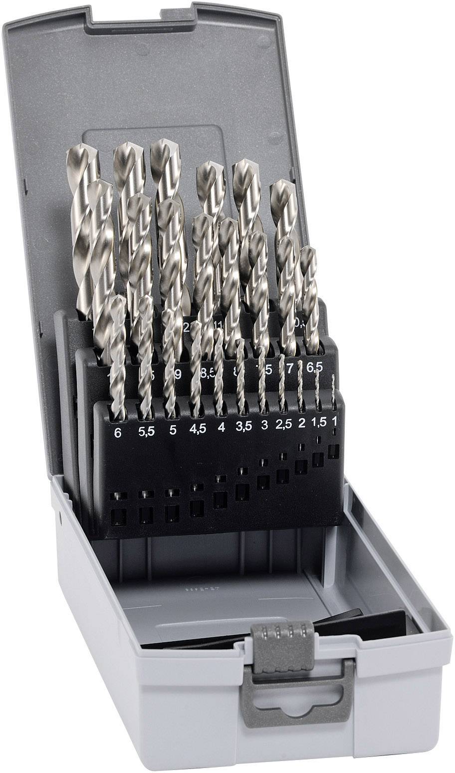 Set di punte metalliche in un contenitore grigio aperto, composto da punte di diverse dimensioni disposte in ordine crescente.