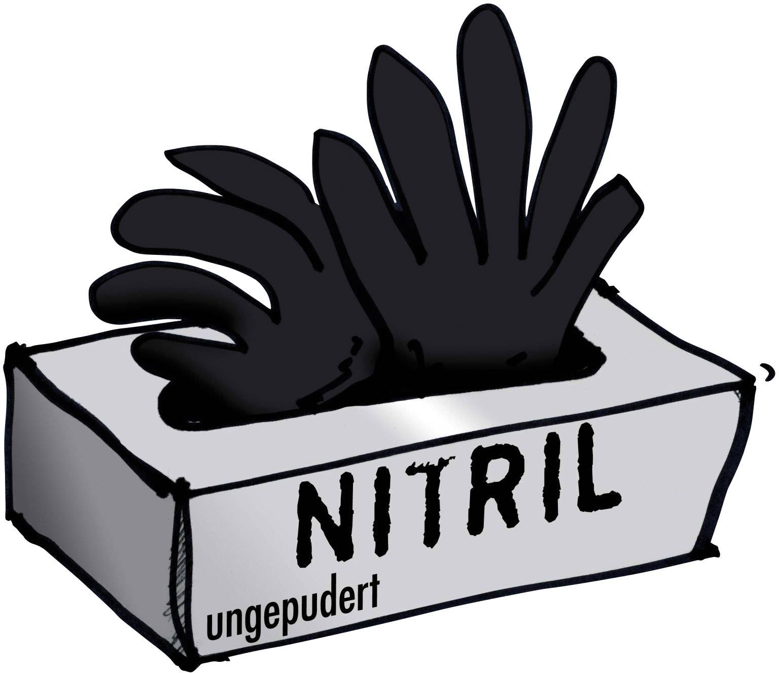 Due guanti monouso neri in nitrile fuoriescono da una scatola con la scritta 'Nitrile non polverati'.