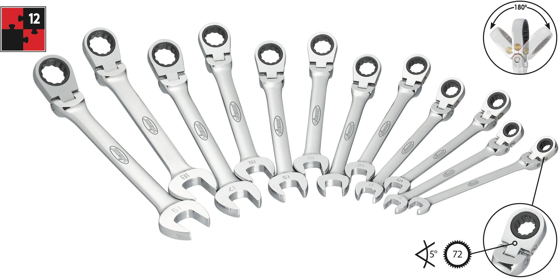 Set di 12 chiavi ad anello con cricchetto, teste orientabili, misure diverse, include simbolo del momento torcente.