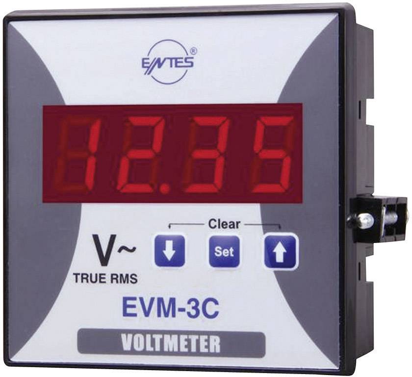 Voltmetro digitale mostra '12,35 V', modello 'EVM-3C', con pulsanti 'Clear' e 'Set'.